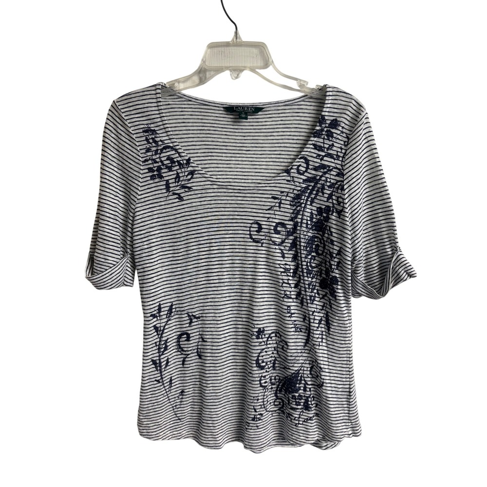 Lauren Ralph Lauren Linen Striped Floral Graphic Cuffed Sleeve Top Navy M Preppy
